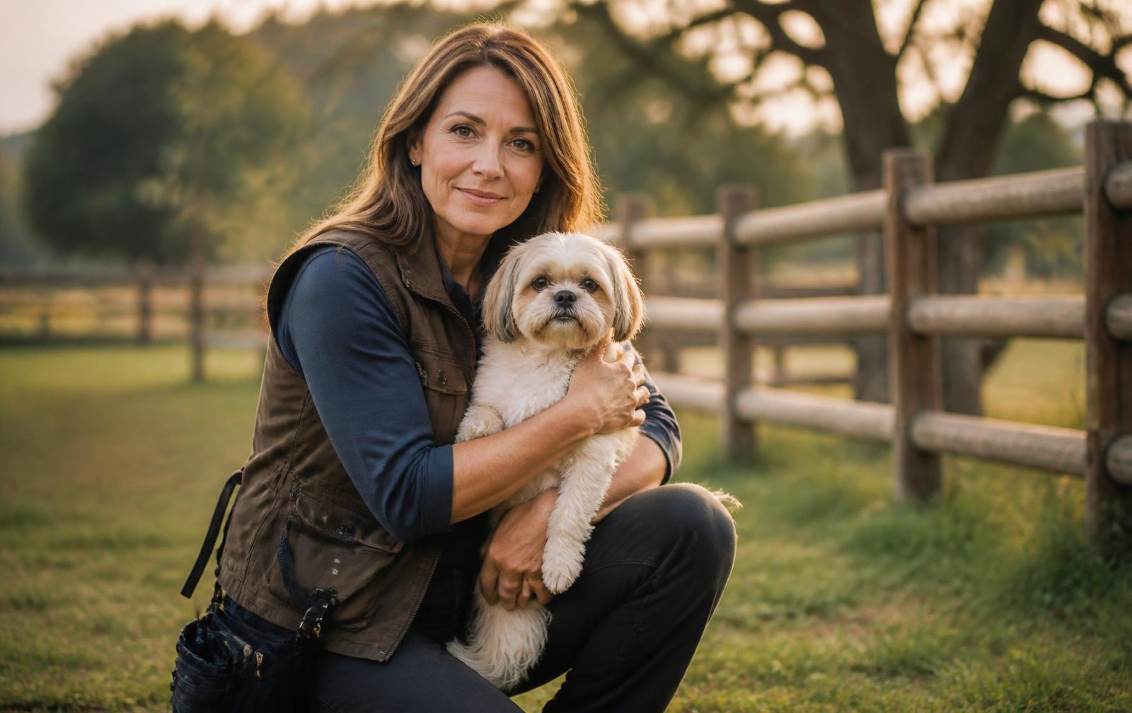 Charity Knowles kneeling outdoors at Ruff Ruff Ranch, holding a cream Shih Tzu in golden afternoon light