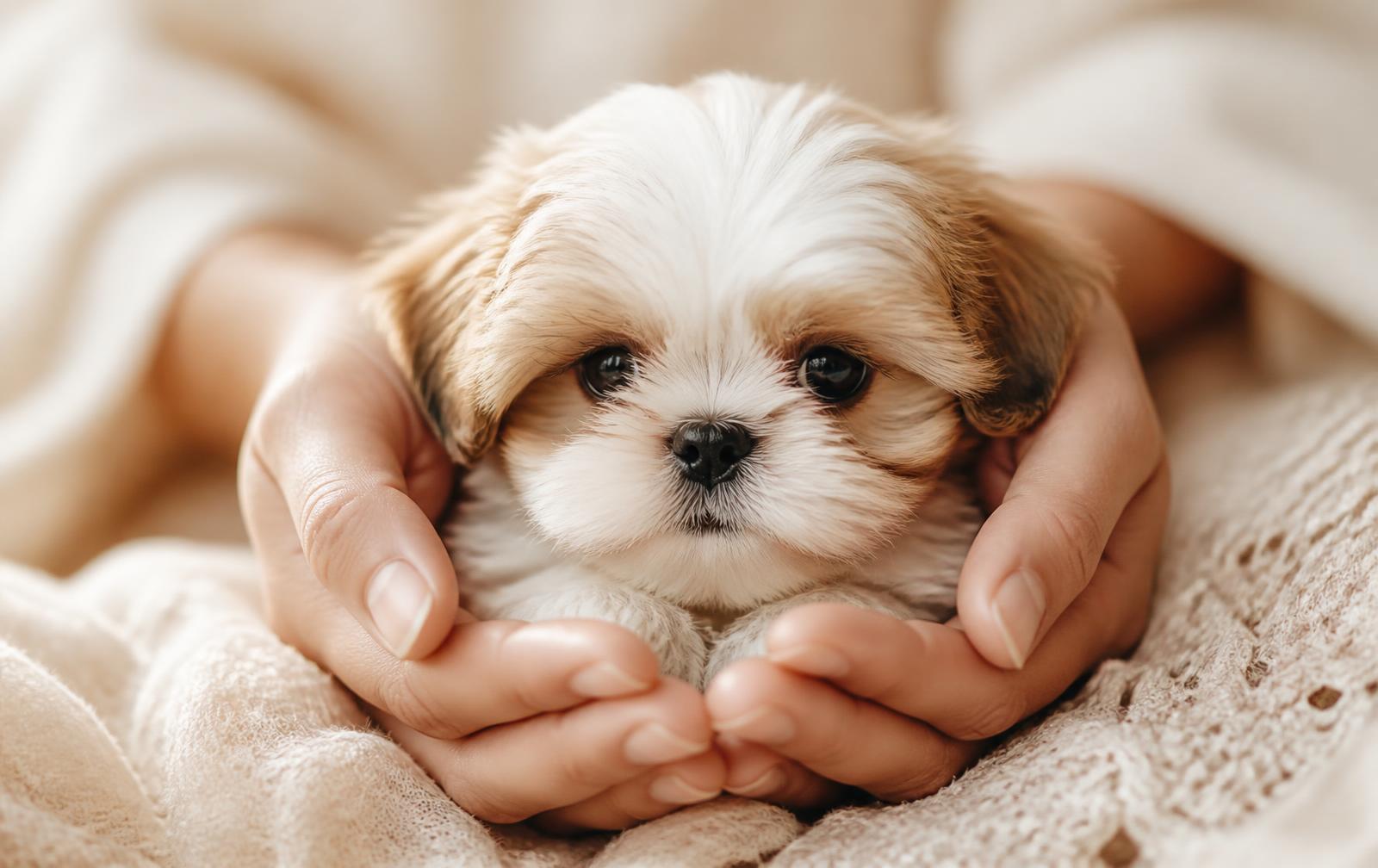 A young Shih Tzu puppy held gently in two cupped hands