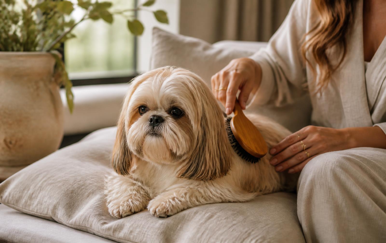 A Shih Tzu resting calmly on a linen sofa while a guardian family member brushes its coat