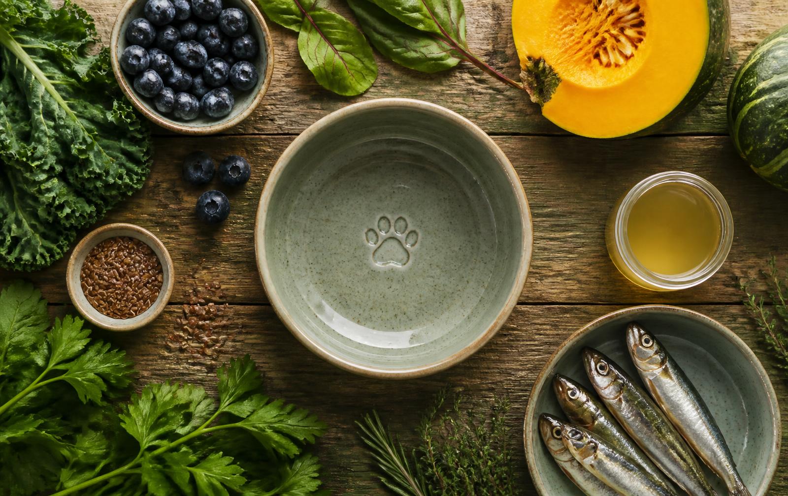 A ceramic dog bowl surrounded by fresh whole foods including kale, blueberries, pumpkin, sardines, bone broth and flax seeds
