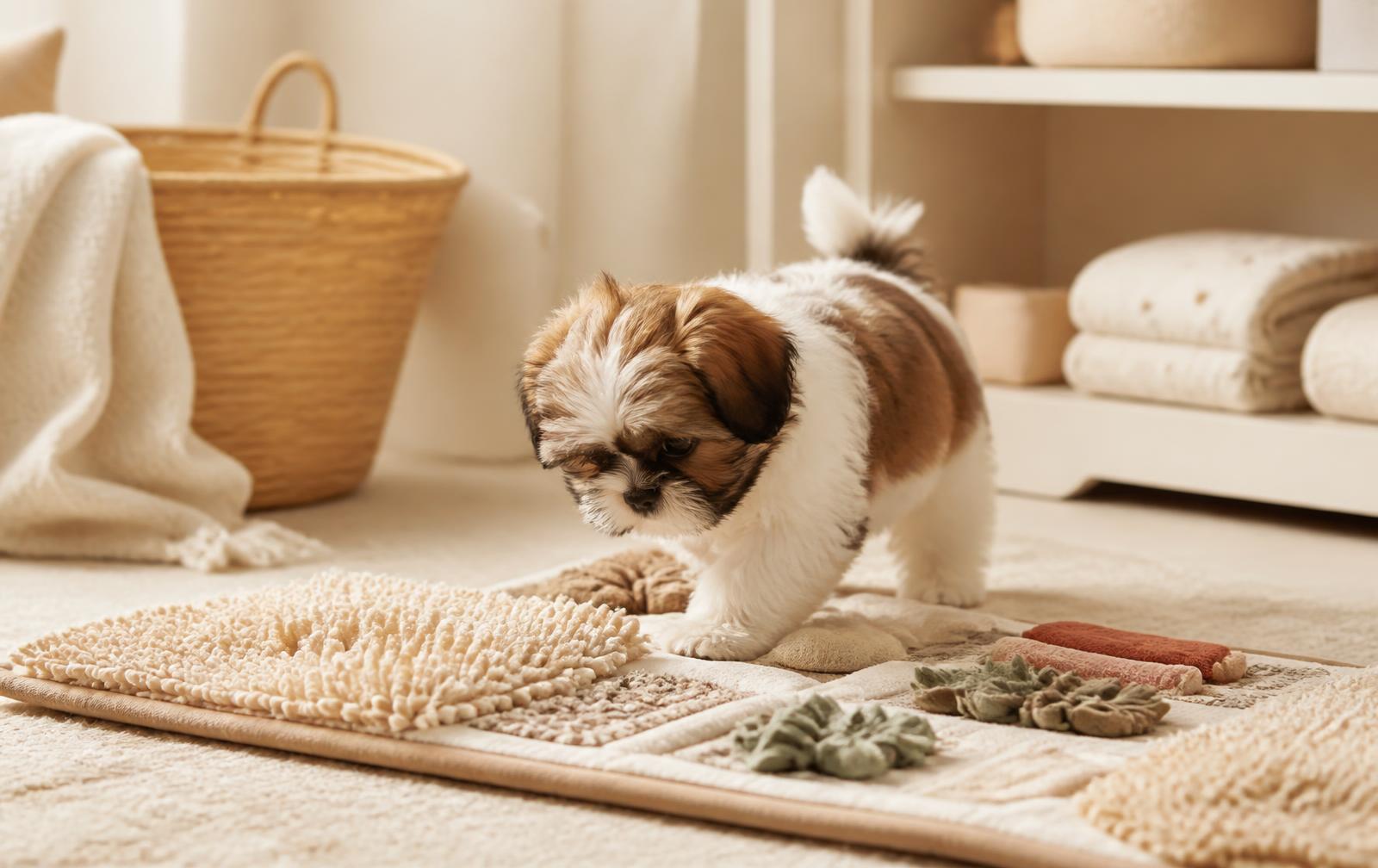 A Shih Tzu puppy investigating a textured sensory mat in a bright nursery room