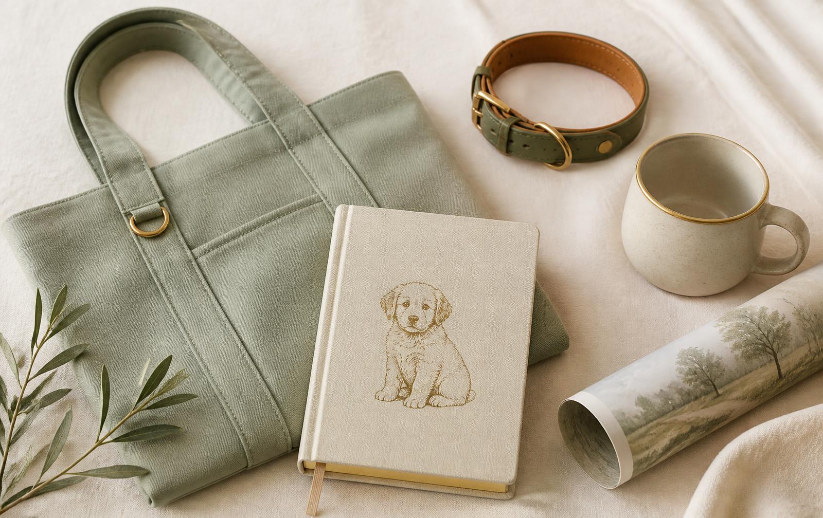 A sage tote bag, puppy journal notebook, leather collar, ceramic mug and rolled poster arranged on cream linen